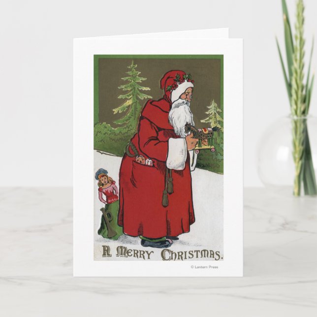 Christmas GreetingSanta with Wood Horse Holiday Card (Front)