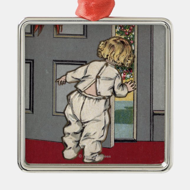 Christmas GreetingsKid Peeking for Santa Metal Tree Decoration (Front)