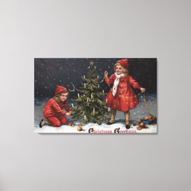 Christmas GreetingsKids Decorating a Tree Canvas Print (Front)