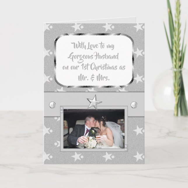 Christmas grey and white with stars and photo holiday card (Front)
