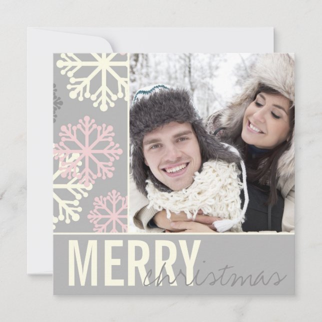 Christmas Grey & Pink Snow Holiday Photo Card (Front)