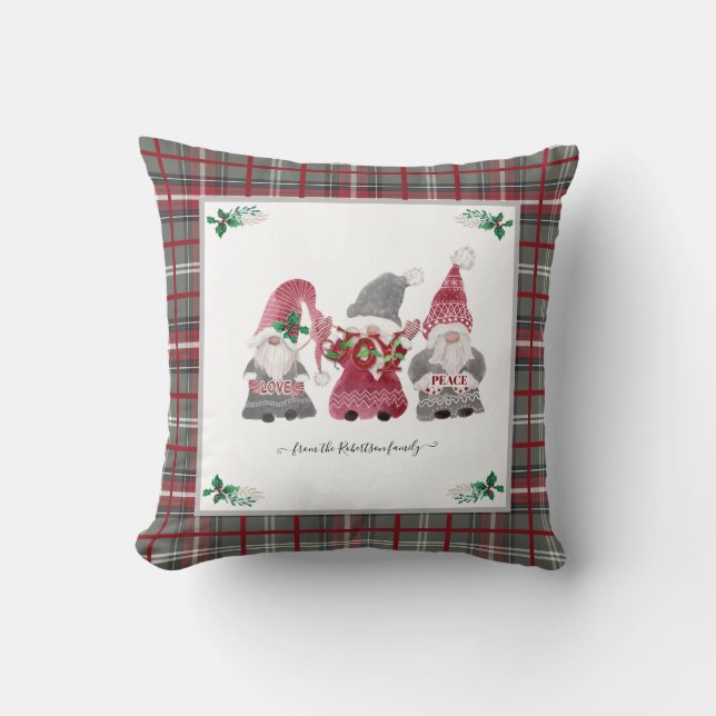 Christmas Grey Plaid Gnome Love Joy Peace Holly Cushion (Front)