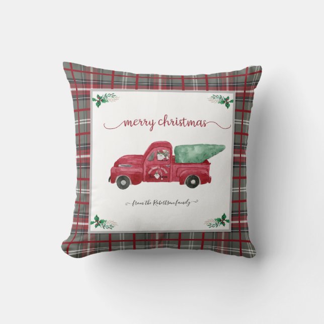 Christmas Grey Plaid Gnome Tree Farm Red Truck Cushion (Front)
