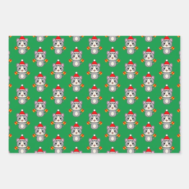 Christmas Grey Tabby Cat Wrapping Paper Sheet (Front)