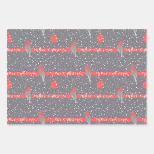Christmas grey white red birds pines wrapping paper sheet
