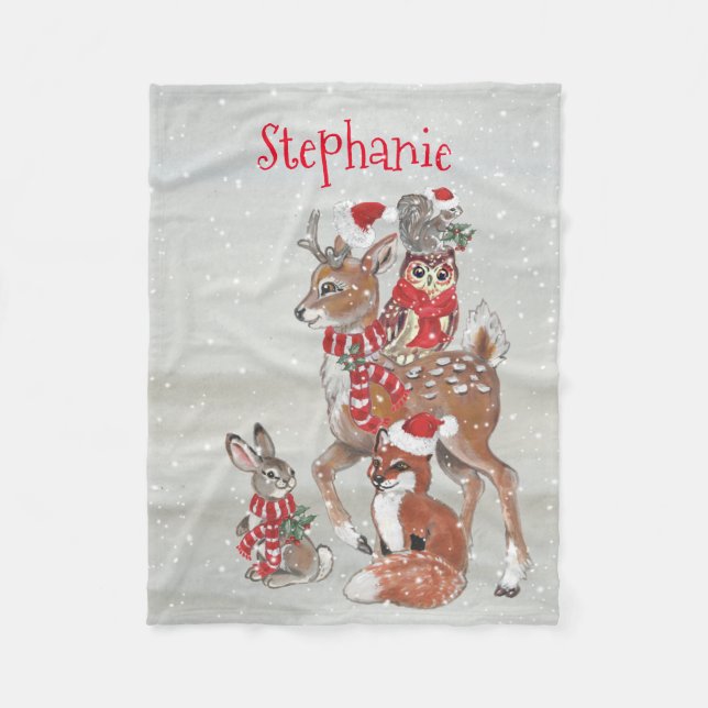 Christmas Grey Winter Woodland Animal Deer Name Fleece Blanket (Front)