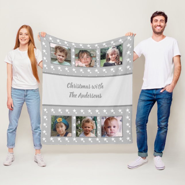 Christmas grey with white stars photos family name fleece blanket (In Situ)