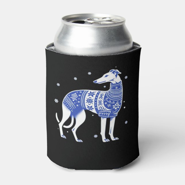 Christmas Greyhound Dog Wearing an Ugly Sweater Bl Can Cooler (Can Front)