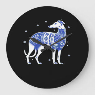 Christmas Greyhound Dog Wearing an Ugly Sweater Bl Large Clock
