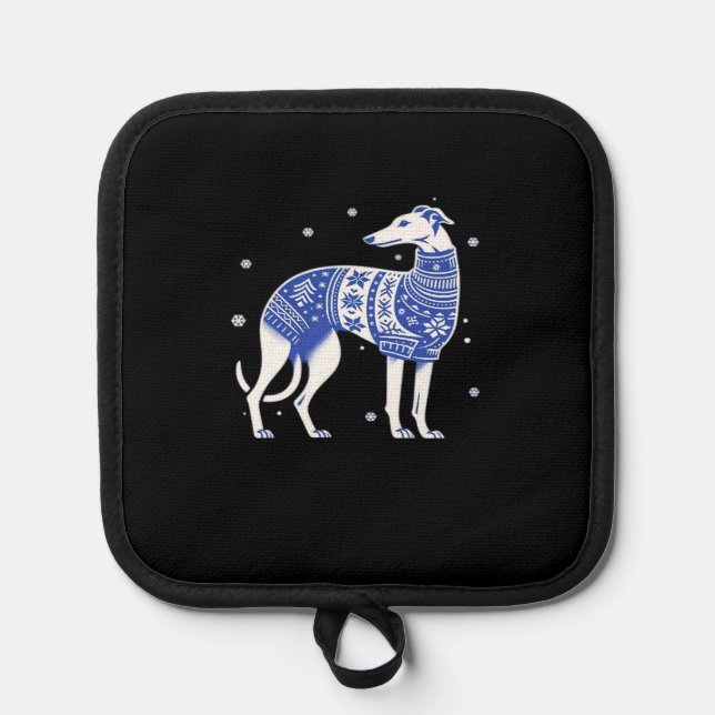 Christmas Greyhound Dog Wearing an Ugly Sweater Bl Pot Holder (Front)