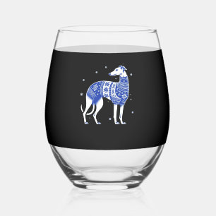 Christmas Greyhound Dog Wearing an Ugly Sweater Bl Stemless Wine Glass
