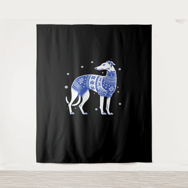Christmas Greyhound Dog Wearing an Ugly Sweater Bl Tapestry (Front)