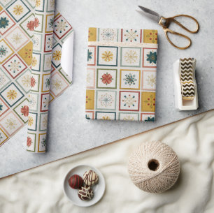 Christmas Grid of Flowers, Leaves & Snowflakes Wrapping Paper