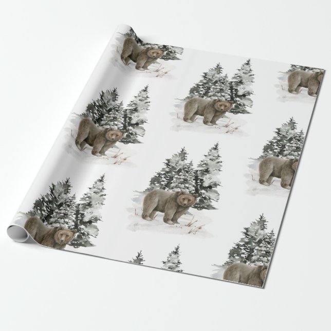 Christmas Grizzly Bear Woodland Forest Snow Gift Wrapping Paper (Unrolled)