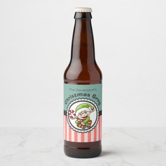 Christmas Grog with a Holiday Elf Illustration Beer Bottle Label (Front)