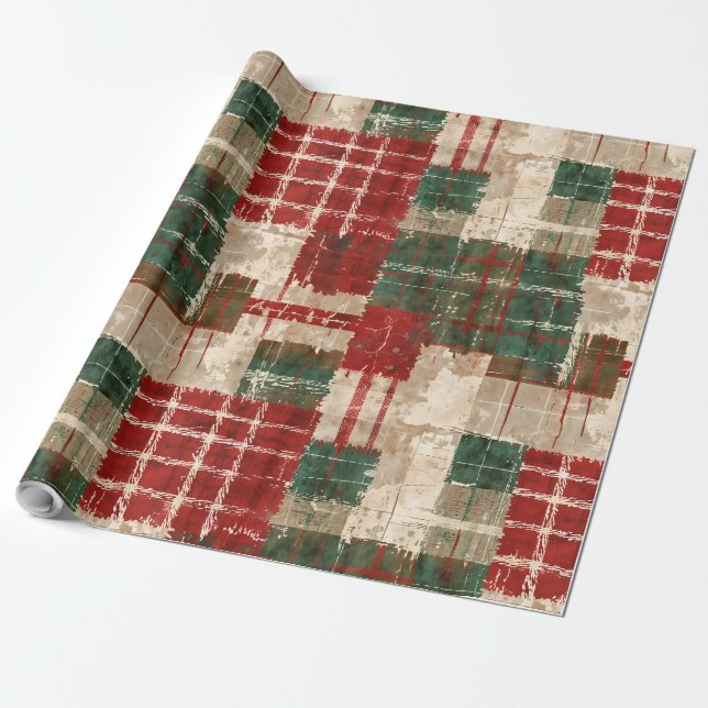 Christmas Grunge Plaid Wrapping Paper (Unrolled)