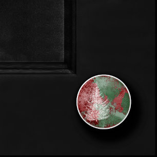 Christmas Grunge   Red Green and White XMas Tree Ceramic Knob