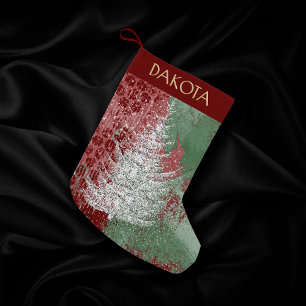 Christmas Grunge   Red Green and White XMas Tree Small Christmas Stocking