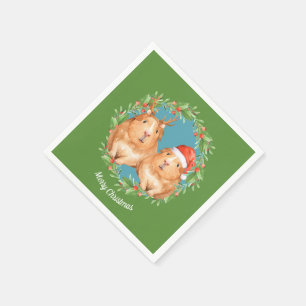 Christmas Guinea Pig Couple Wreath Personalised Napkin