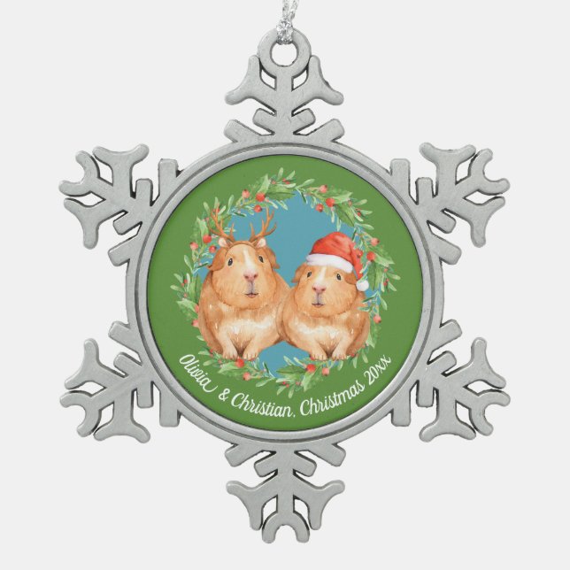 Christmas Guinea Pig Couple Wreath Personalised Snowflake Pewter Christmas Ornament (Front)
