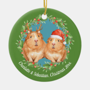 Christmas Guinea Pigs Santa and Reindeer Wreath Ceramic Tree Decoration