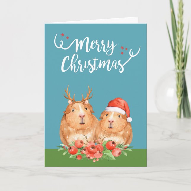 Christmas Guinea Pigs Santa and Reindeer Wreath Holiday Card (Front)