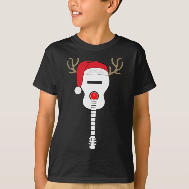 Christmas Guitar santa hat reindeer antlers T-Shirt (Front)