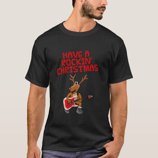Christmas Guitarist Reindeer Electric Guitar Music T-Shirt (Front)