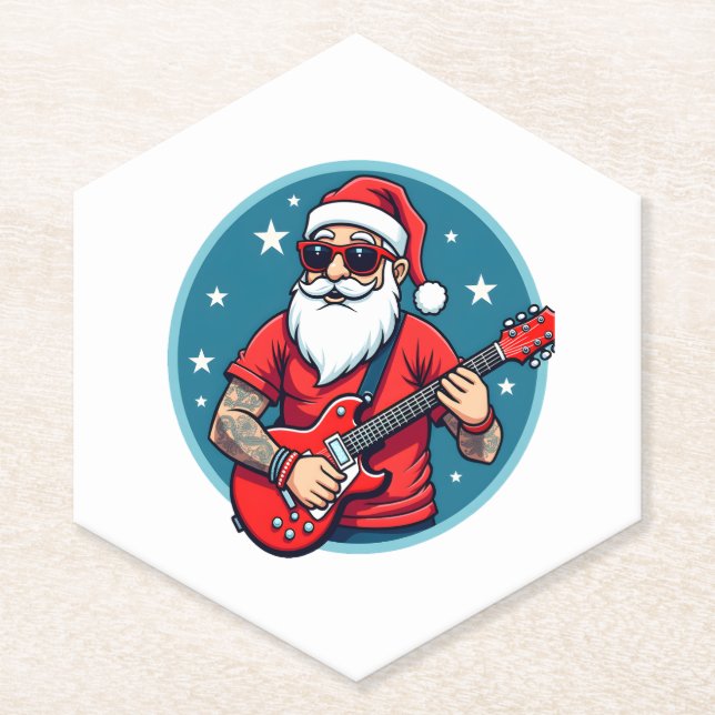 Christmas guitarist  Rockmusic Christmas (1) Paper Coaster (Front)