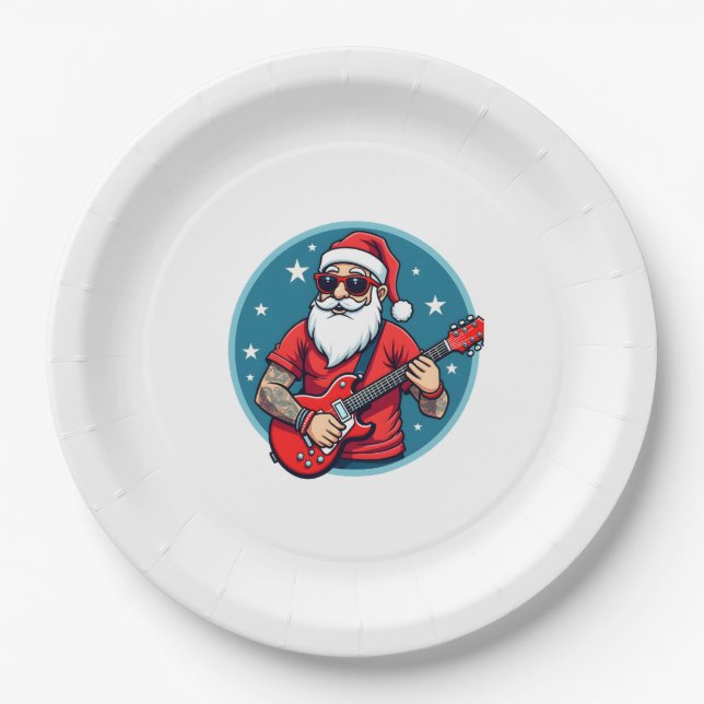 Christmas guitarist  Rockmusic Christmas (1) Paper Plate (Front)