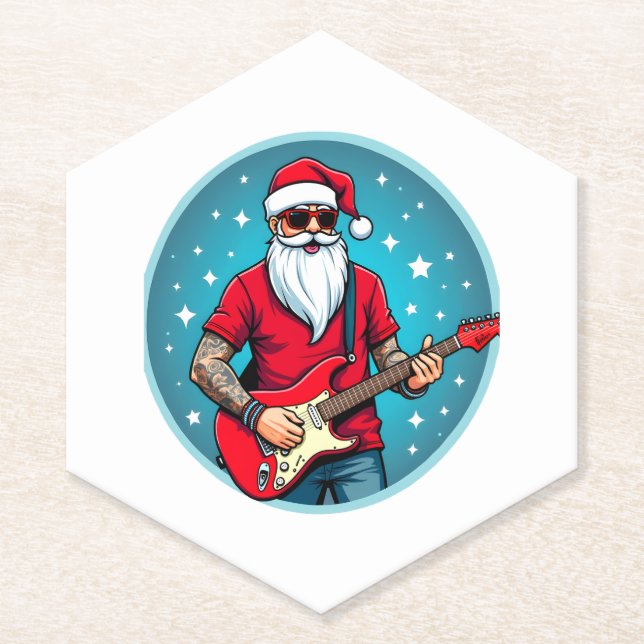 Christmas guitarist  Rockmusic Christmas (2) Paper Coaster (Front)