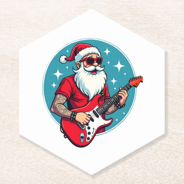 Christmas guitarist  Rockmusic Christmas Paper Coaster (Front)