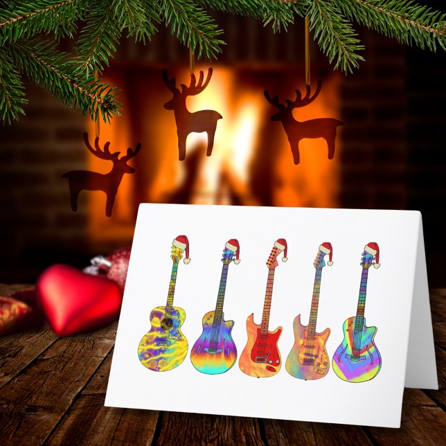 Christmas Guitars Funky Psychedelic Funny Festive Holiday Card (Christmas guitars wearing santa hats music themed holiday greetings card)