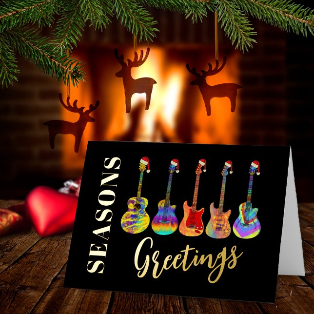 Christmas Guitars Seasons Greeting Black and Gold Foil Holiday Card (Christmas guitars music seasons greetings black and gold foil personalized holiday greetings card)