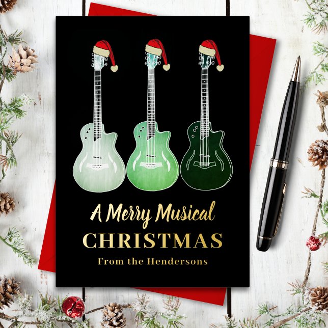 Christmas Guitars Wearing Santa Hats Gold Foil Holiday Postcard (Christmas Guitars Wearing santa hats black and gold foil custom holiday greetings postcard)