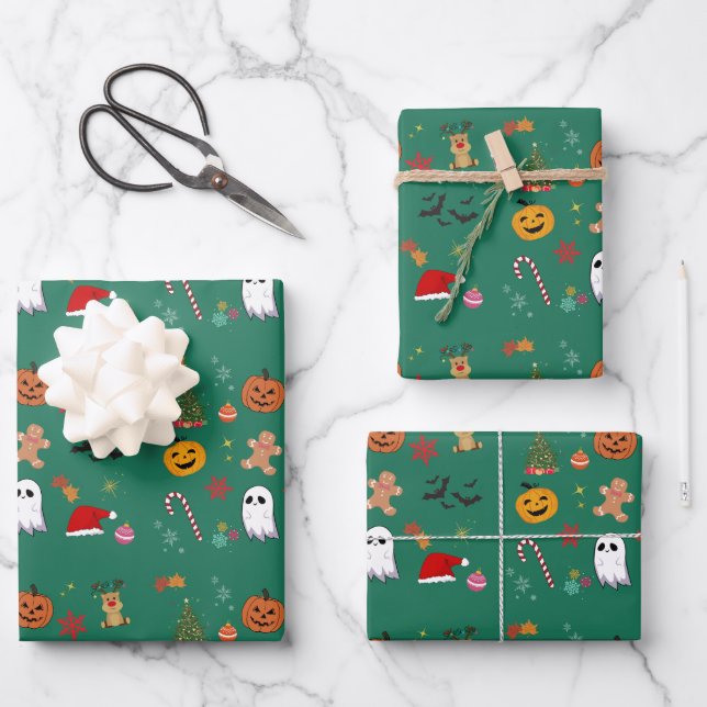 Christmas Halloween Wrapping Paper Flat Sheet Set  (Front)