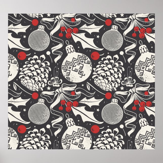 Christmas Hand-Drawn: Mistletoe Pine Seamless. Poster (Front)