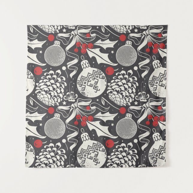 Christmas Hand-Drawn: Mistletoe Pine Seamless. Tapestry (Front)