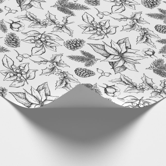 Christmas hand drawn plants. Vintage Xmas Wrapping Paper (Corner)