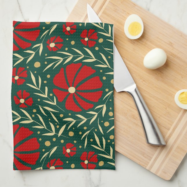 Christmas Hand-Drawn Red Flowers & Leaves Tea Towel (Quarter Fold)