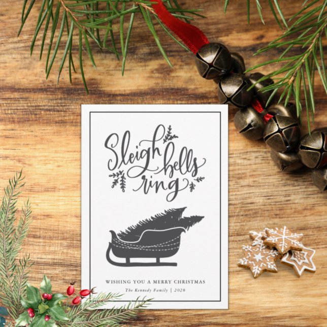 Christmas Hand Lettered Sleigh Bells Ring Rustic   Holiday Card (Creator Uploaded)