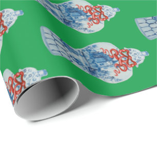 Christmas Hand Painted Blue and White Ginger Jar Wrapping Paper