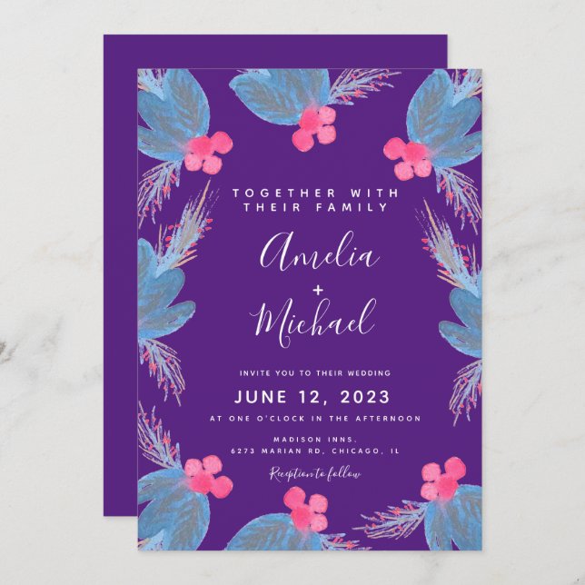 Christmas Hand Watercolor Berry Purple Wedding Invitation (Front/Back)