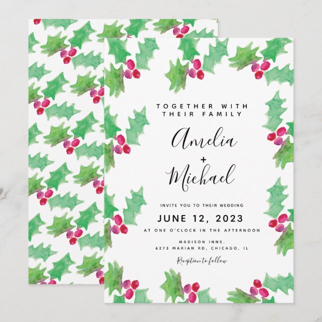 Christmas Hand Watercolor Holly Berry Wedding Invitation (Front/Back)