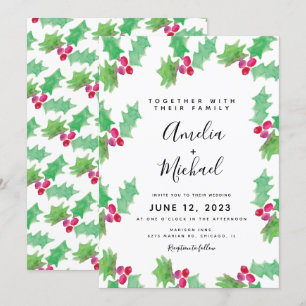 Christmas Hand Watercolor Holly Berry Wedding Invitation