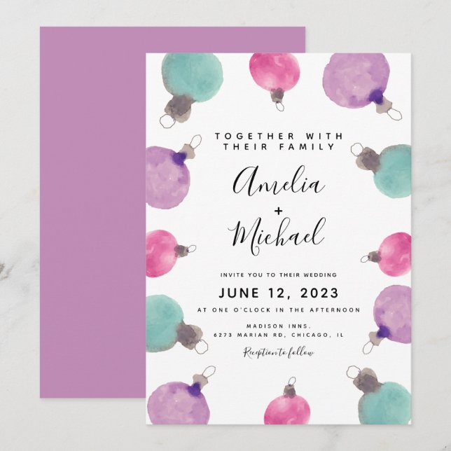 Christmas Hand Watercolor Ornaments Border Wedding Invitation (Front/Back)
