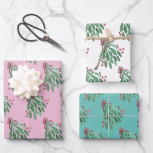 Christmas Hand Watercolor Tree and Bow Pink Teal Wrapping Paper Sheet