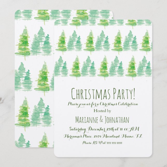 Christmas Hand Watercolored Holiday Pine Trees Invitation (Front/Back)