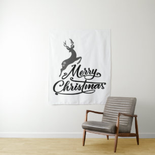 Christmas Hand Written, Jumping Deer And Snowflake Tapestry