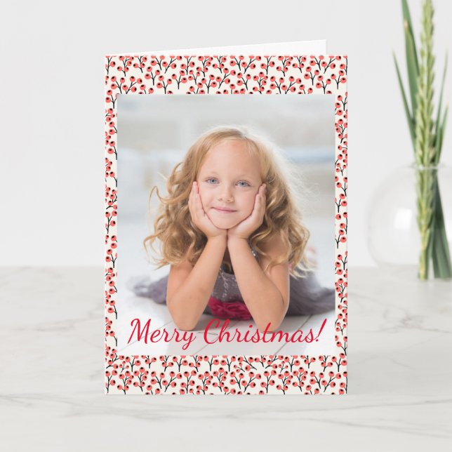 Christmas Handpainted Branches Red Berries Photo Note Card (Front)